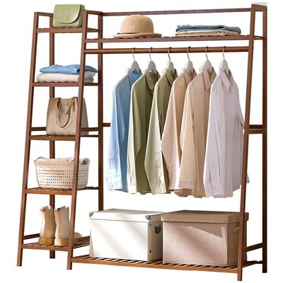 Bamboo Clothes Rack Portable, Garment Rack with Clothes Rail and 5-Tier Storage Shelf, for Bedroom Office Indoor/Wood Color/1 Piece (Brown 2 Pieces)