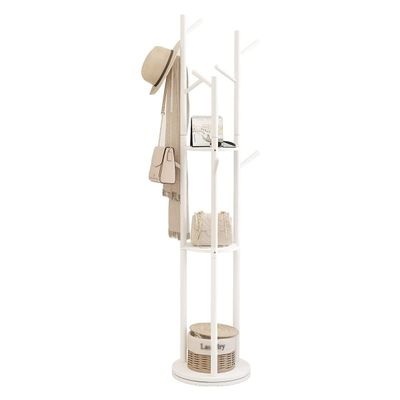 Wooden Coat Rack Freestanding Coat Rack Stand with 9 Hooks and 3 Storage Shelves, for Hanging Coats Jackets Hats Bags/White (White )