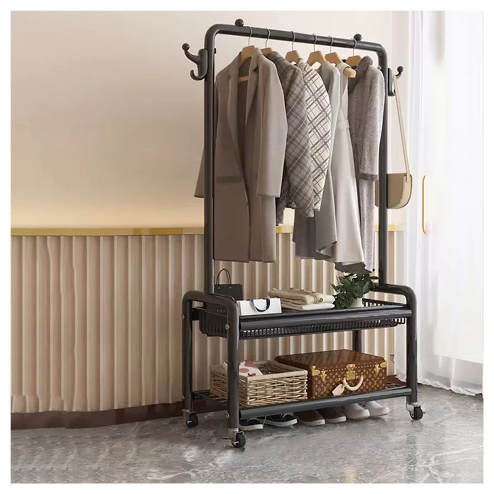 Clothes Rack Meatl Clothing Rack Coat Rack Rolling Organizer with Wheels Bottom Shelves Double Tiers for Multipurpose/Gold/80Cm (Black 100Cm)