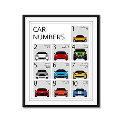 123 Car Number Nursery Poster Print Wall Art for Babies and Kids 10 Vehicles Covering Numbers 1 to 10-11x14" Satin Print (Unframed) - Gift for Car Enthusiast
