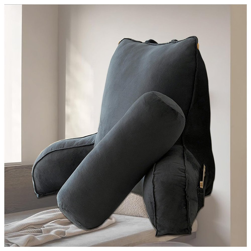 AKYLDI Back Pillow for Bed Sitting up, Back Rest Pillow with Arms and Pockets/Washable Cover, Bed Chair Pillows for Sitting up in Bed for Resting,Watching TV,Black