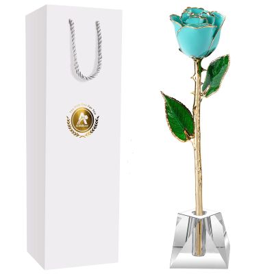 AliveRose Anniversary Day Gift for Momen Roses, Unique Design Gold Plated Rose for Anniversary Valentines Mothers Day Birthday Gifts (TealBlue Handmade with Crystal Vase)