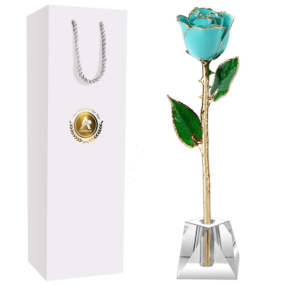 AliveRose Anniversary Day Gift for Momen Roses, Unique Design Gold Plated Rose for Anniversary Valentines Mothers Day Birthday Gifts (TealBlue Handmade with Crystal Vase)