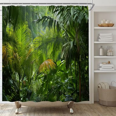 AMFD Tropical Rainforest Shower Curtain Jungle Green Forest Palm Tree Leaves Wild Environment Nature Landscape Outdoor Exotic Plants Fabric Bathroom Decor Set Include Hooks,(47" Wx70 H)