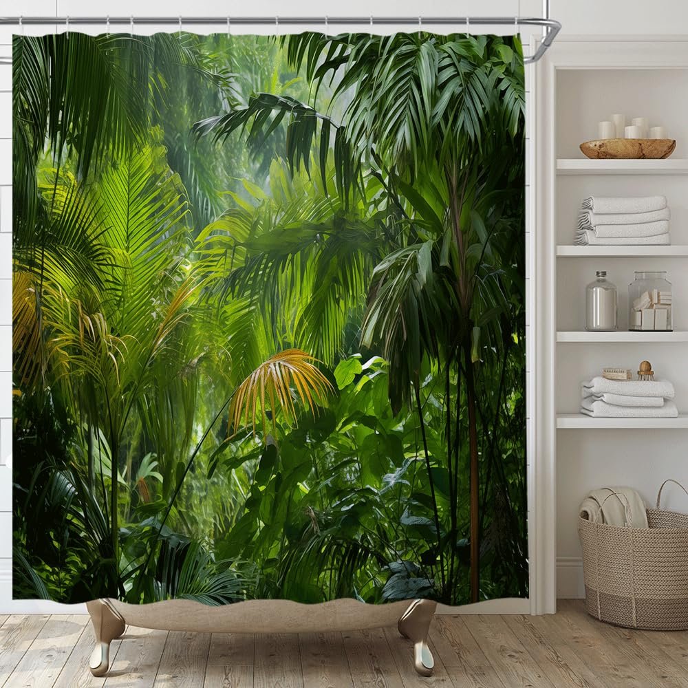 AMFD Tropical Rainforest Shower Curtain Jungle Green Forest Palm Tree Leaves Wild Environment Nature Landscape Outdoor Exotic Plants Fabric Bathroom Decor Set Include Hooks,(47" Wx70 H)