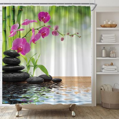 AMFD Zen Shower Curtain Green Bamboo Purple Flower Stone Reflection Water Spa Asain Japanese Garden Landscape Fabric Bathroom Decor Set Include Hooks,(67" Wx70 H)