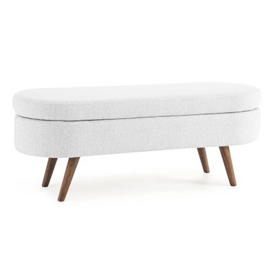 LKJYBG Oval Storage Bench 43.5" Linen Upholstered Ottoman Bench with Wood Legs for Entryway Living Room Bedroom End of Bed White