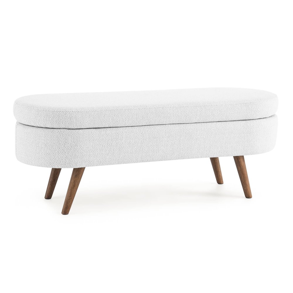 LKJYBG Oval Storage Bench 43.5" Linen Upholstered Ottoman Bench with Wood Legs for Entryway Living Room Bedroom End of Bed White