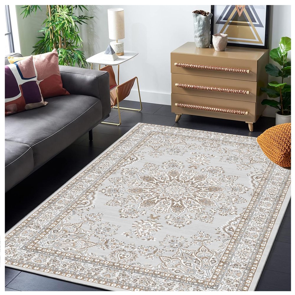 Boho Area Rug 6x9ft/72x108in/180x275cm Living Room Rug Light Gray/Tan Washable Indoor Bedroom Carpet Modern Throw Rug Neutral Accent Rug Distressed Low Pile Rug for Office Dining Room