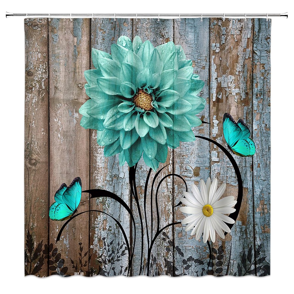 AMFD Rustic Floral Shower Curtain Teal Dahlia Blue Brown Wooden Board Farmhouse Barn Spring Country Plant Fabric Bathroom Decor Set Include Hooks,(67" Wx70 H)