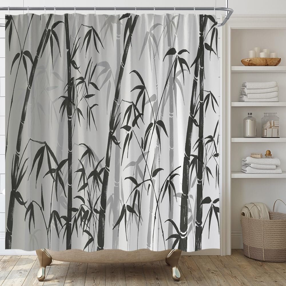 AMFD Bamboo Shower Curtain Asian Style Chinese Ink Bamboo Leaves Relaxing Therapy Spring Summer Fabric Bathroom Decor Set Include Hooks,(47"" Wx70 H), Gray Black White