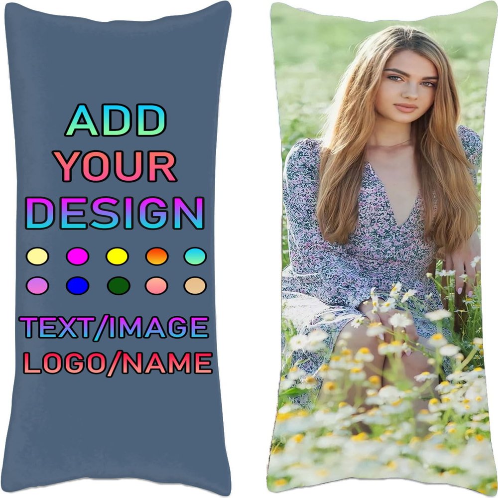 Custom Body Pillow Cases, Personalized Long Pillow Cover with Picture Text, Customized Throw Cushion Covers Two-Sides Print Love Keepsake Gift to Family Wife Husband Friends Pet 20x60in, Dusty Blue