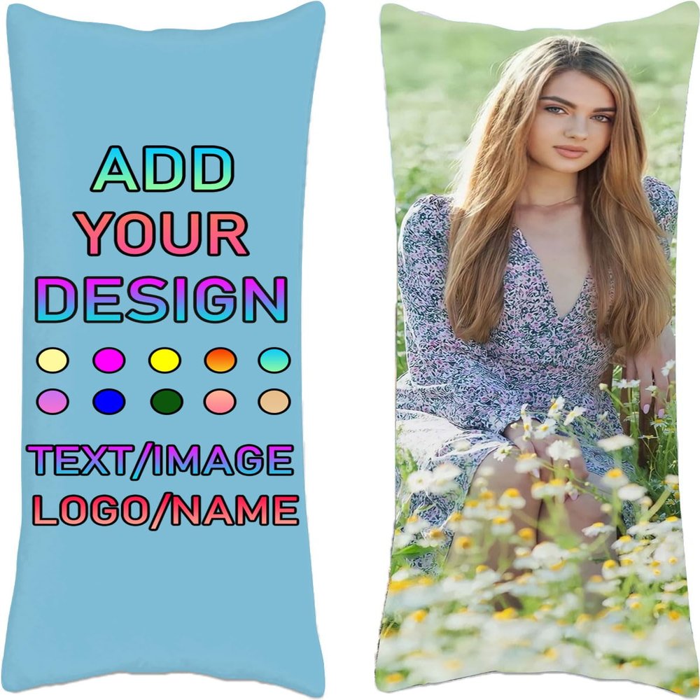 Custom Body Pillow Cases, Personalized Long Pillow Cover with Picture Text, Customized Throw Cushion Covers Two-Sides Print Love Keepsake Gift to Family Wife Husband Friends Pet 20x60in, Sky Blue