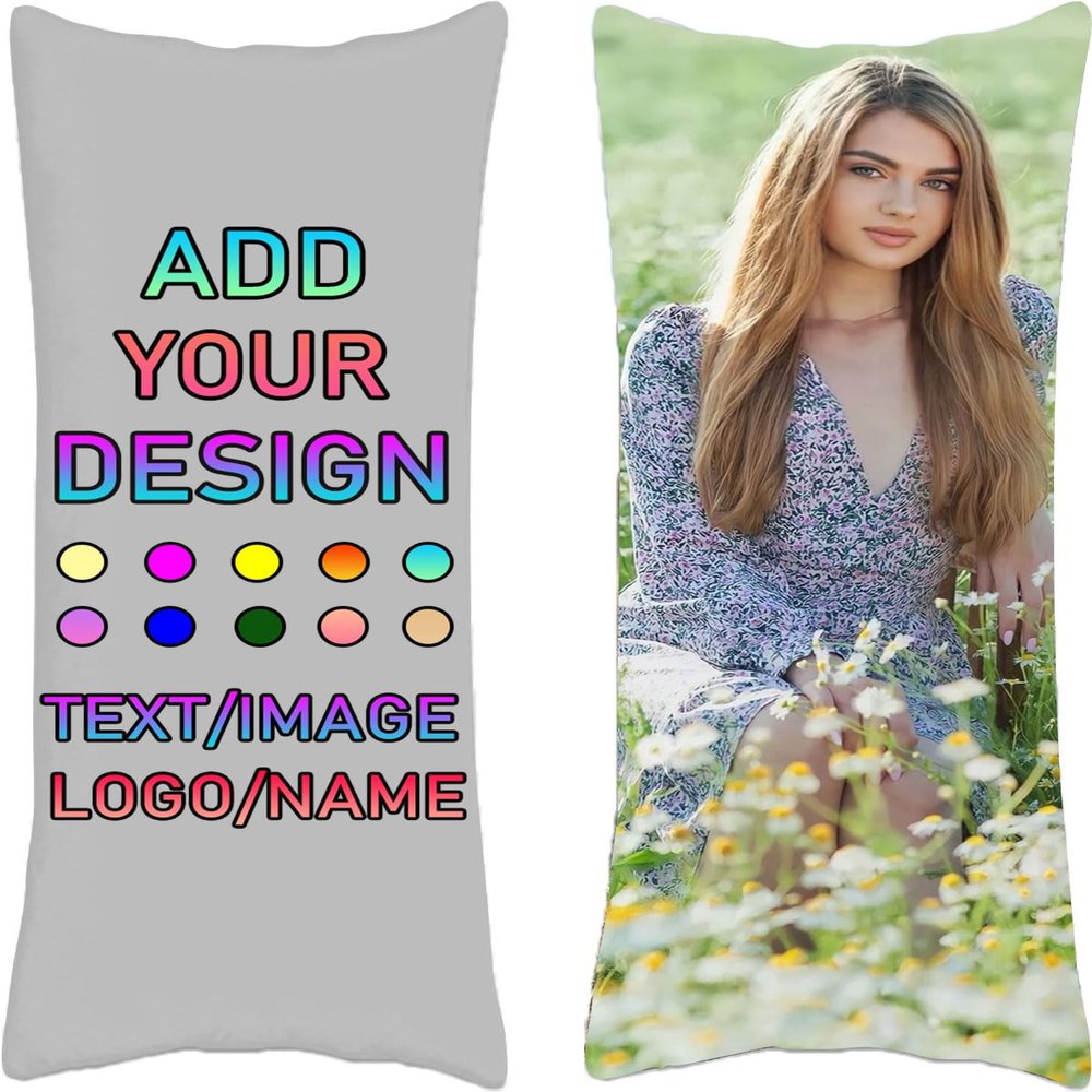 Pzwqkyn Custom Pillow Case, Custom Pillow with Picture Long Body Pillow case Personalized Pillow Cover with Your Loved Ones Custom Pillow Case Cover Gifts Any Picture (20x60 inch), Light Gray