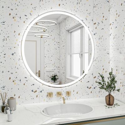 LKJYBG 32 Inch Round LED Mirror Wall Mounted 3-Color Adjustable Dimmable Anti-Fog Circle Lighted Mirror Touch Control Waterproof Vanity Mirror for Bathroom 32in