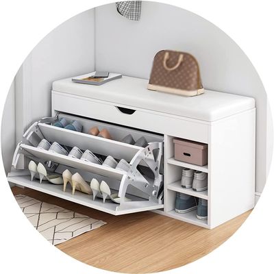 ELODEK Entryway Shoe Bench Storage Bench End of Bed Bench Shoe Stool Storage Tipping Bucket-Shaped Vintage Frame(Size:80 * 34 * 50cm,Color:White)