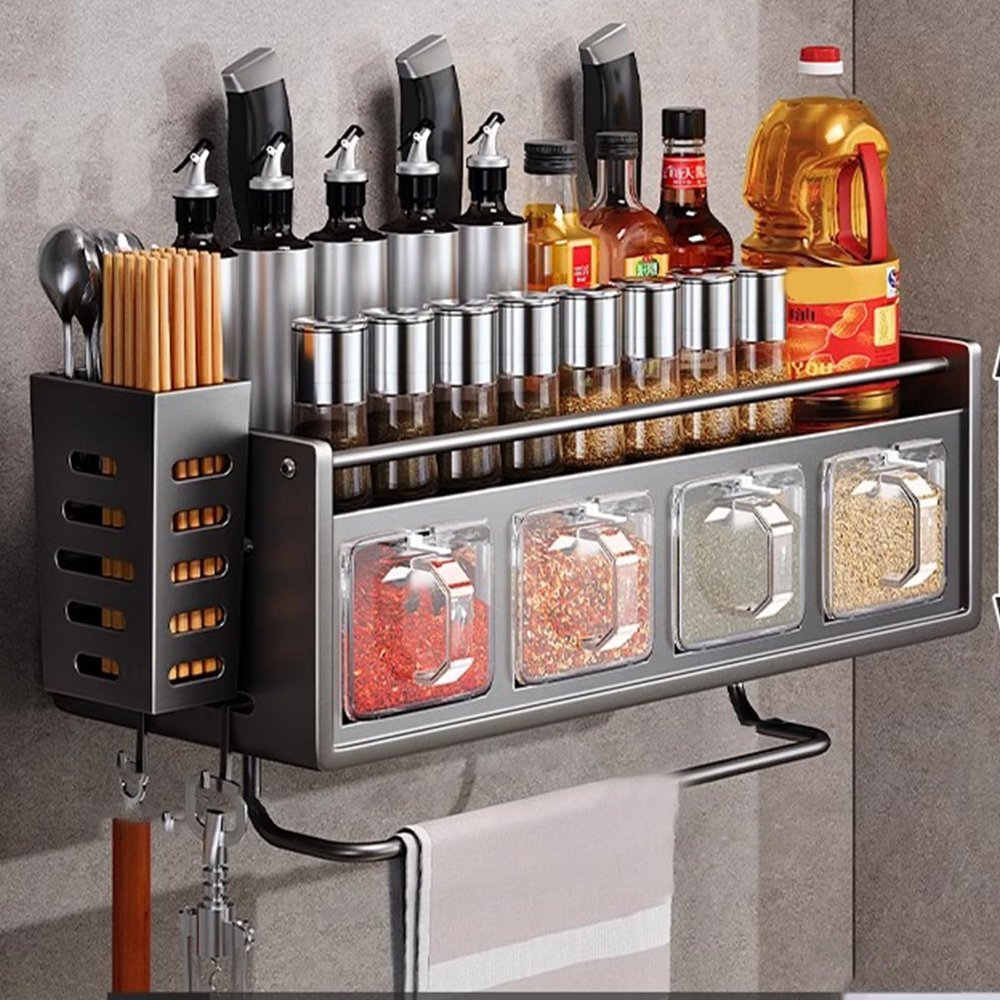Dxcaicc Wall Mount Utensil Holder,Multifunctional Spice Organizer Shelf,Utensil Holder with Hooks,Kitchen Hanging Storage Wall Shelf for Spatula,Towel,Seasoning Jar Organizer,40cm/15.7in