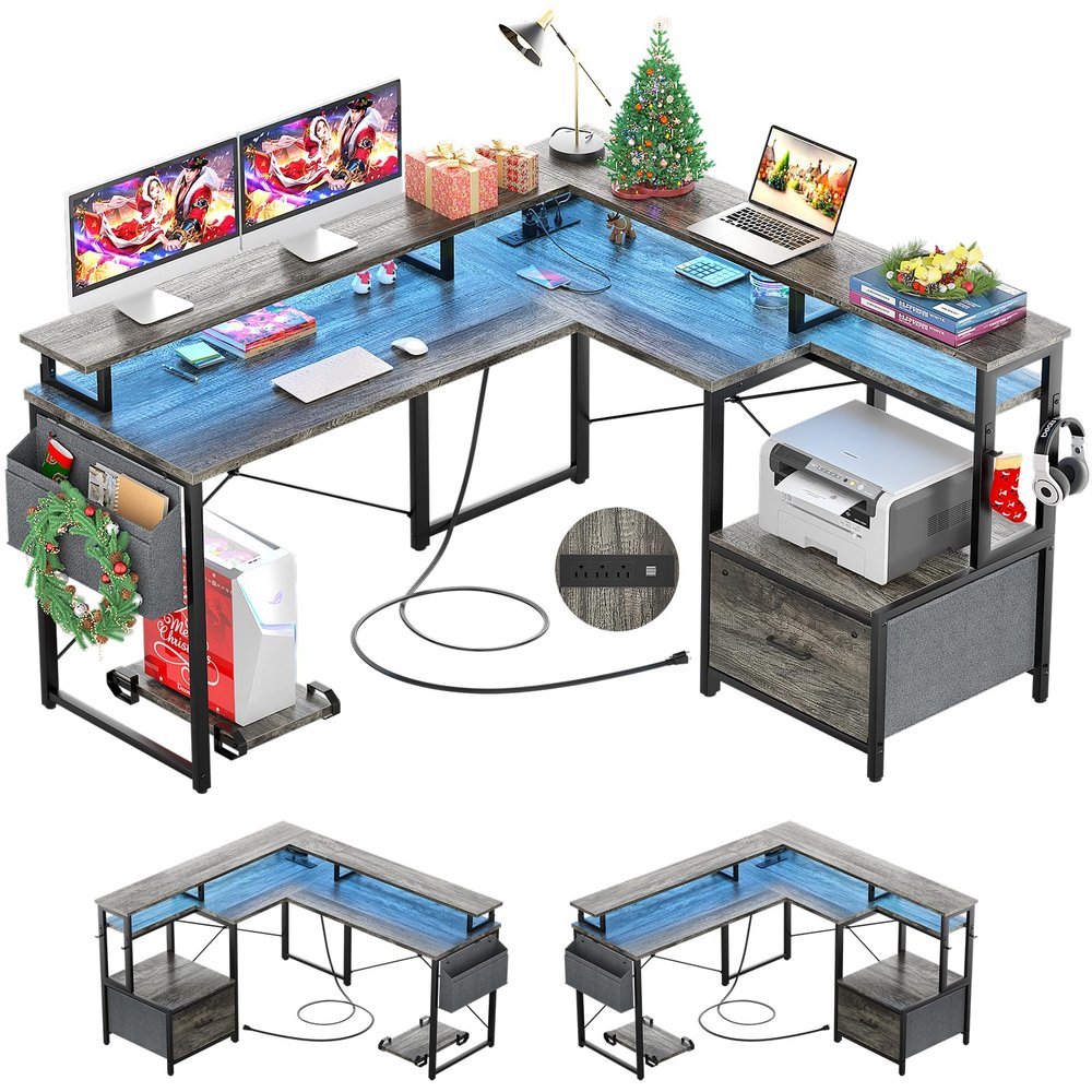 Hyomdeck L Shaped Desk with Power Outlet and LED Strip, Reversible L Shaped Computer Desk with File Drawer, Corner Desk for Gaming Writing, Home Office Desk with Monitor Shelf, Black Oak
