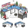 Hyomdeck L Shaped Desk with Power Outlet and LED Strip, Reversible L Shaped Computer Desk with File Drawer, Corner Desk for Gaming Writing, Home Office Desk with Monitor Shelf, Black Oak view 1