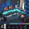 Hyomdeck L Shaped Desk with Power Outlet and LED Strip, Reversible L Shaped Computer Desk with File Drawer, Corner Desk for Gaming Writing, Home Office Desk with Monitor Shelf, Black Oak view 4