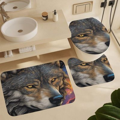 ZGDPBYF Wildlife Animal Wolves Bathroom Rugs and Mats Set Gray and White Abstract Wolf 3 Pieces Bathroom Rug Set Bath Rugs Non Slip Bath Mats for Bathroom, Toilet, Bedroom, Kitchen
