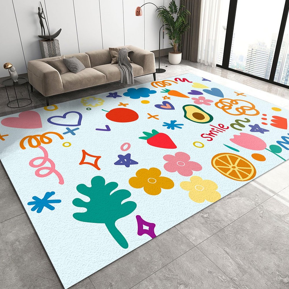 Cartoon Flowers and Fruits Area Rug, Cute Strawberry Orange Non Slip Kids Rugs, Noise Reduction Machine Washable Carpet for Indoor Living Room Bedroom Office Decor Mat - 2 ft x 4 ft