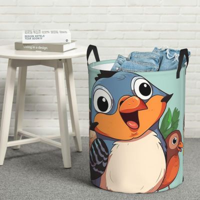Bird Animal Cartoon print Laundry Hamper with Handle Waterproof Collapsible Organizer Baskets Circular Dirty Clothes Organizer Basket Portable Storage Bin for Bathroom Bedroom Dorm