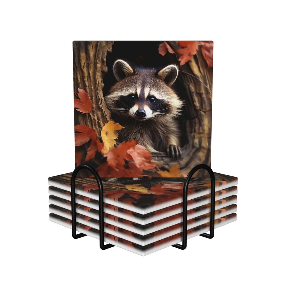 6Pcs Drink Coasters with Holder, Ceramic Drink Coaster for Kinds of Cups, Raccoon in The Fall Tree Hole Coasters for Drinks Tabletop Protection, Absorbent Cup Coaster for Coffee Table Home Decor