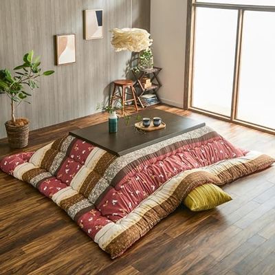 IKEHIKO Kotatsu Futon & Mat Set Comforter, Fluffy Premium Cotton, Pink Square Rectangle Shape Heater Blanket Table, Japanese Craftsman, Made in Japan 2378 (Futon:205245cm & Mat:190240cm)