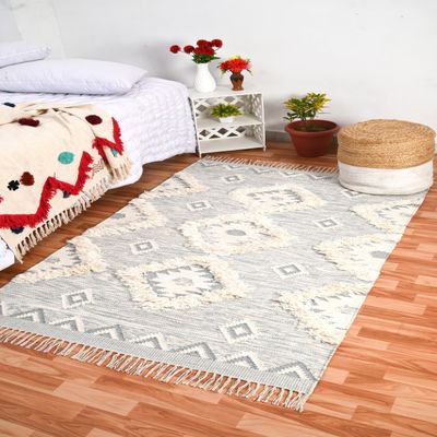 DecorAvenue Boho Natural Fibers Farmhouse Living Room Bedroom Wool Area Rug Handmade Handwoven Geromatric Bohemian Carpet(Light Grey,240 x 330 cm)