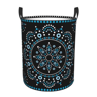 Blue Mandala Native Americans Ethnic Laundry Hamper with Durable Handle Waterproof Foldable Laundry Basket Round Dirty Clothes Storage Basket for Bathroom/Bedroom/College/Dorm