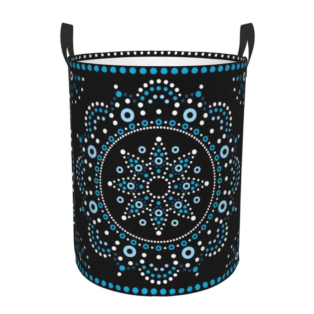 Blue Mandala Native Americans Ethnic Laundry Hamper with Durable Handle Waterproof Foldable Laundry Basket Round Dirty Clothes Storage Basket for Bathroom/Bedroom/College/Dorm