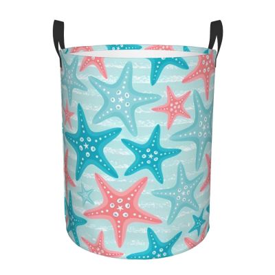 Blue Pink Starfish Ocean Laundry Hamper with Durable Handle Waterproof Foldable Laundry Basket Circular Storage Basket Dirty Clothes Bag for Bedroom Children Nursery Bathroom
