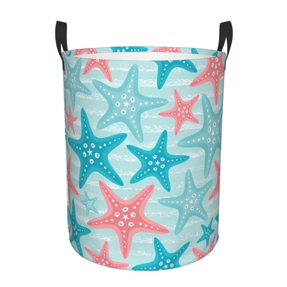 Blue Pink Starfish Ocean Laundry Hamper with Durable Handle Waterproof Foldable Laundry Basket Circular Storage Basket Dirty Clothes Bag for Bedroom Children Nursery Bathroom