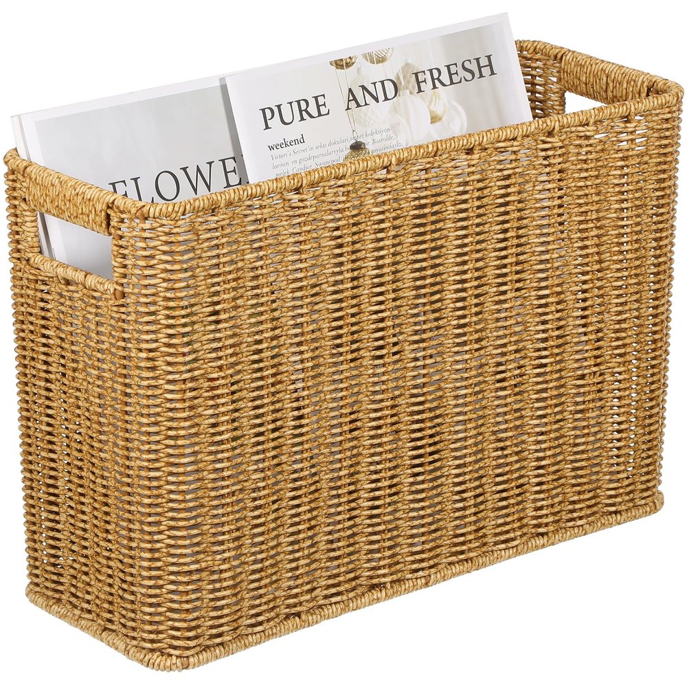 PRETYZOOM Rattan Storage Box with Handles 15 Inch Woven Basket Organizer for Desktop Home Office and Garage Storage Solutions