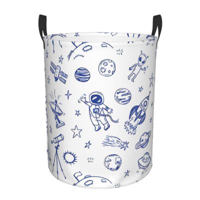 Blue Space Astronaut Galaxy Planet Laundry Basket Waterproof Collapsible Laundry Hamper with Durable Handle Circular Storage Bin Dirty Clothes Bag for Bathroom Bedroom College Dorm
