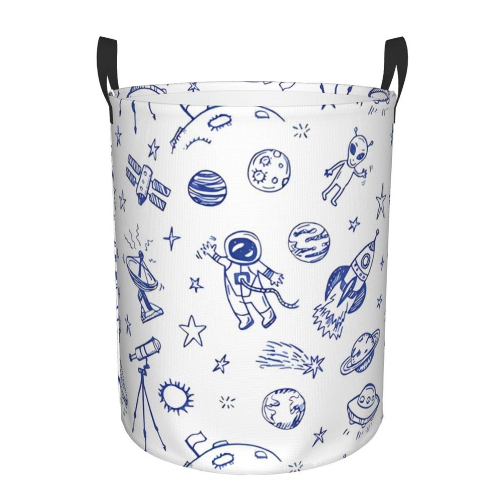 Blue Space Astronaut Galaxy Planet Laundry Basket Waterproof Collapsible Laundry Hamper with Durable Handle Circular Storage Bin Dirty Clothes Bag for Bathroom Bedroom College Dorm