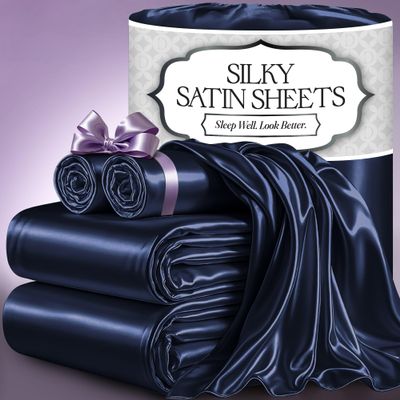 DECOLURE Satin Bed Sheets - 4 Piece Luxury Silky Queen Size Bedding Set - Softer Than Silk, Wrinkle-Free with 15 Deep Pocket Fitted Sheet, Perfect for Hair & Skin, Gifts for Women (Navy Blue)