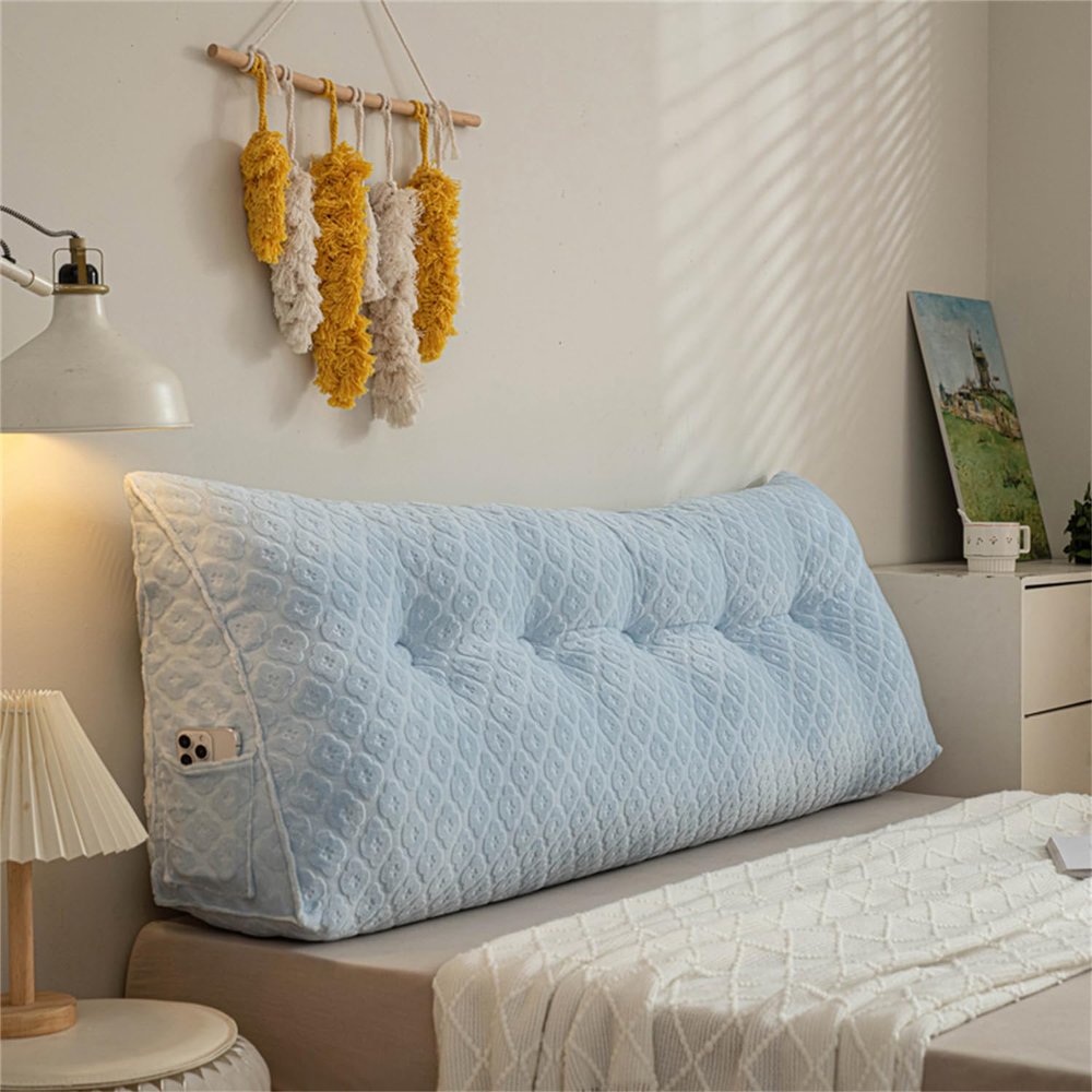 LQdpdd Large Triangular Headboard Wedge Bed Rest Reading Pillow for Sitting in Bed-Backrest Positioning Support Long Bolster Pillow for Daybed with Soft Velvet Covers,Blue,Full:120 * 20 * 50