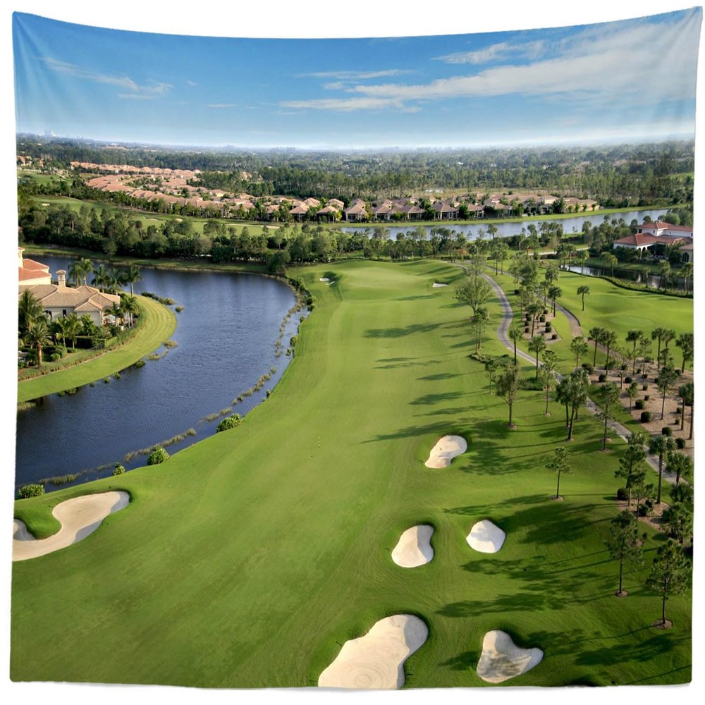 CORFOTO 140x117 Inch Fabric Golf Course Tapestry Green Grass Lawn Field River Wall Hanging Golf Sport Tapestry for Bedroom Aesthetic Living Room College Dorm Decor Wallpaper