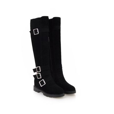 ZBYY Womens Knee High Chunky Low Heel Boots Slouchy Faux Suede Round Toe Buckle Warm Winter Boot Side Zipper Boots