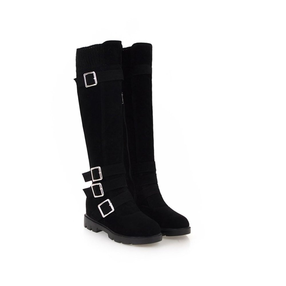 ZBYY Womens Knee High Chunky Low Heel Boots Slouchy Faux Suede Round Toe Buckle Warm Winter Boot Side Zipper Boots