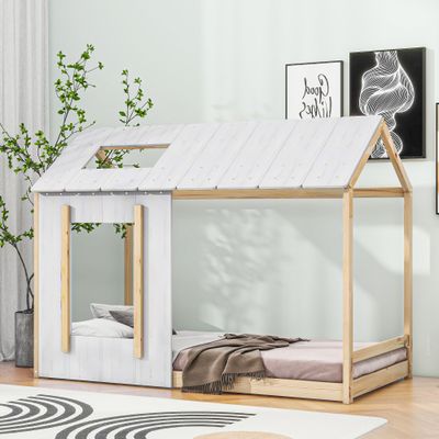 KOYVRY Twin House Bed, Twin Floor Bed with Roof and Window Design, Toddler House Bed with Wooden Frame, House Bed for Kids, Teenager, Box Spring Not Required (White+Natural)