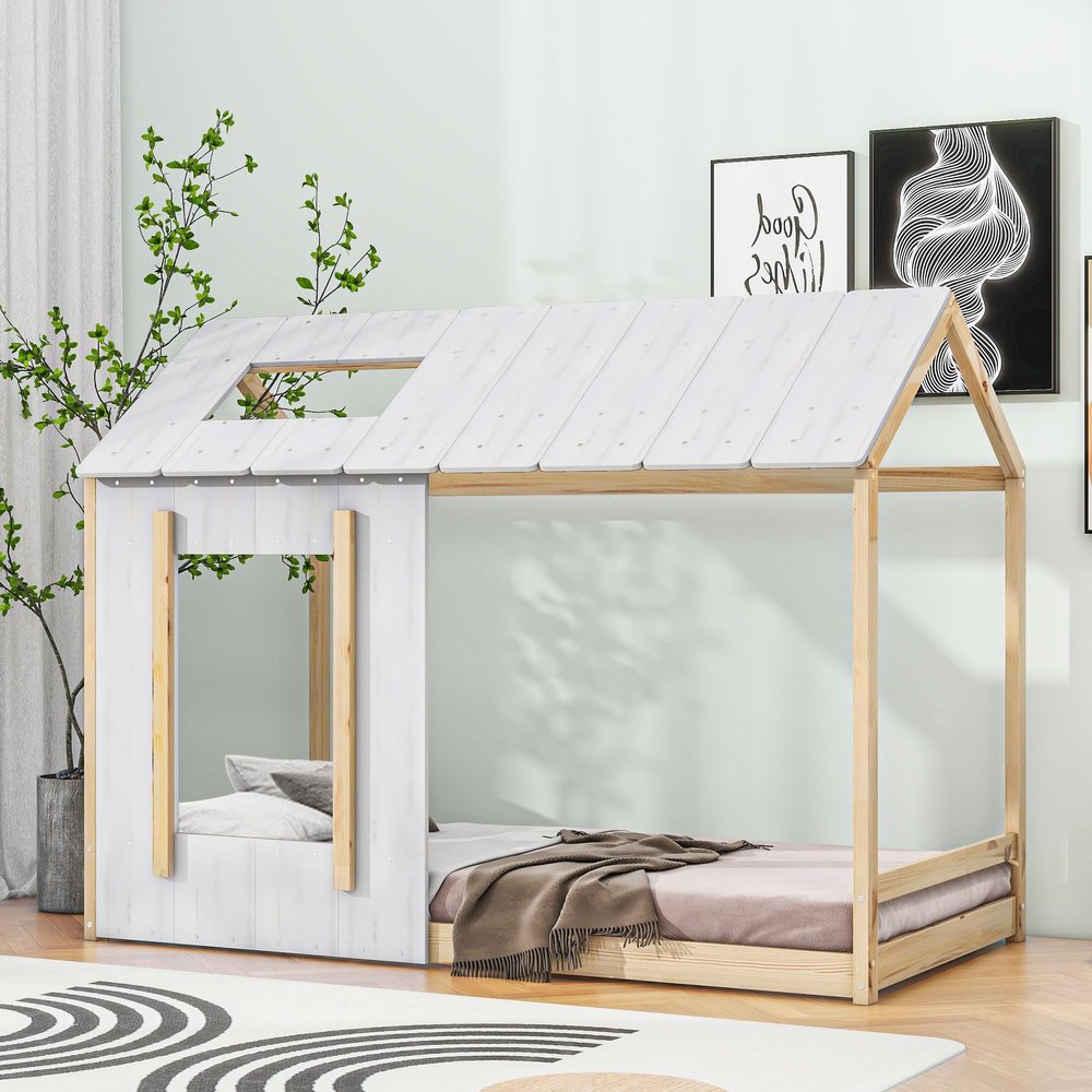 KOYVRY Twin House Bed, Twin Floor Bed with Roof and Window Design, Toddler House Bed with Wooden Frame, House Bed for Kids, Teenager, Box Spring Not Required (White+Natural)