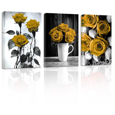 ZXHYWYM Elegant Rose Canvas Wall Art 3 Pieces Yellow Rose Flower Painting Prints Black and White Romantic Rustic Floral Picture Couples Bedroom Decor Framed(Yellow, (16.00" x 24.00" x 3PCS))