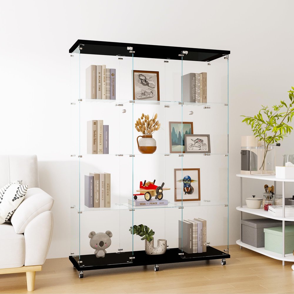 Maxtude Glass Display Cabinet with 3 Doors, 4 Shelves Glass Curio Cabinet, Floor Standing Bookshelf File Cabinets for Home Office Quick-Install
