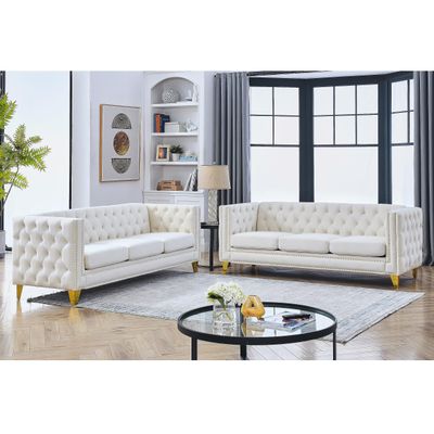 2 Piece Chesterfield Sofa Set for 6, 3 Seater + 3 Seater Sofa Set, Double Sofa Couch Set, Velvet Tufted Couch Set with Square Arm, Metal Legs for Living Room (Beige)
