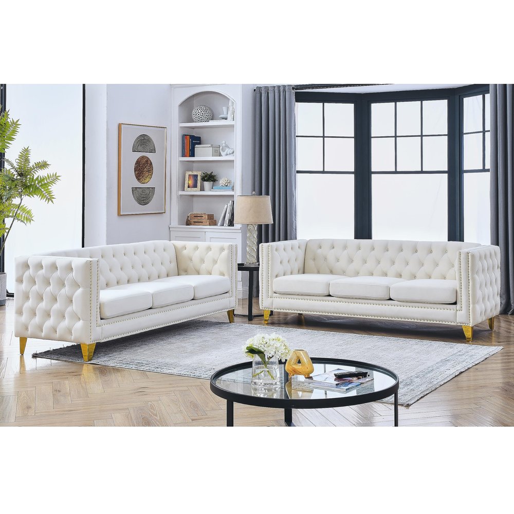 2 Piece Chesterfield Sofa Set for 6, 3 Seater + 3 Seater Sofa Set, Double Sofa Couch Set, Velvet Tufted Couch Set with Square Arm, Metal Legs for Living Room (Beige)