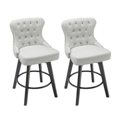 BARNUT Counter Height Bar Stools Set of 2, 360 Swivel Bar Stools with Button Tufted, 26 Inch Upholstered Barstools with Solid Wood Legs for Kitchen Island, Performance Fabric in Beige Gray