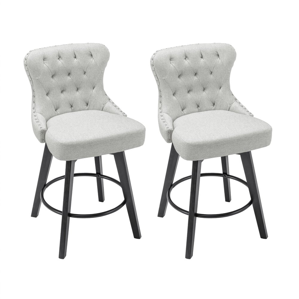 BARNUT Counter Height Bar Stools Set of 2, 360 Swivel Bar Stools with Button Tufted, 26 Inch Upholstered Barstools with Solid Wood Legs for Kitchen Island, Performance Fabric in Beige Gray